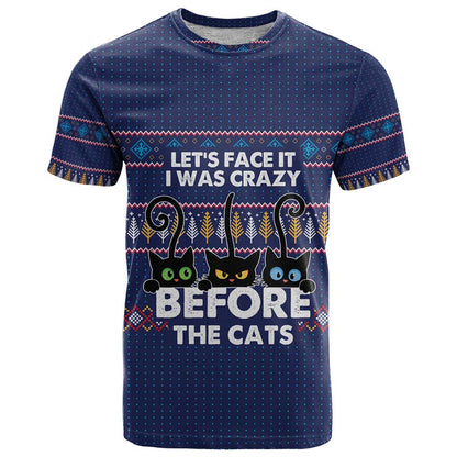 Crazy Cat Lover T-Shirt with Black Cats and Funny Quote in Blue Holiday Knit Pattern Design Graphic Tee