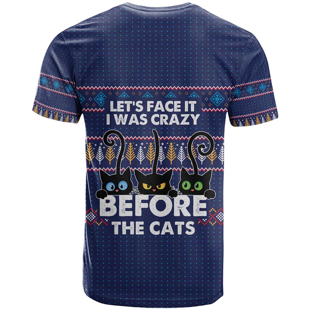 Crazy Cat Lover T-Shirt with Black Cats and Funny Quote in Blue Holiday Knit Pattern Design Graphic Tee