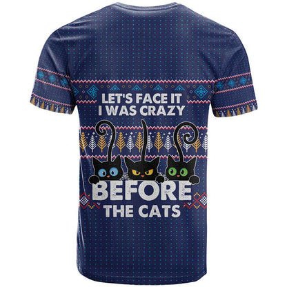 Crazy Cat Lover T-Shirt with Black Cats and Funny Quote in Blue Holiday Knit Pattern Design Graphic Tee