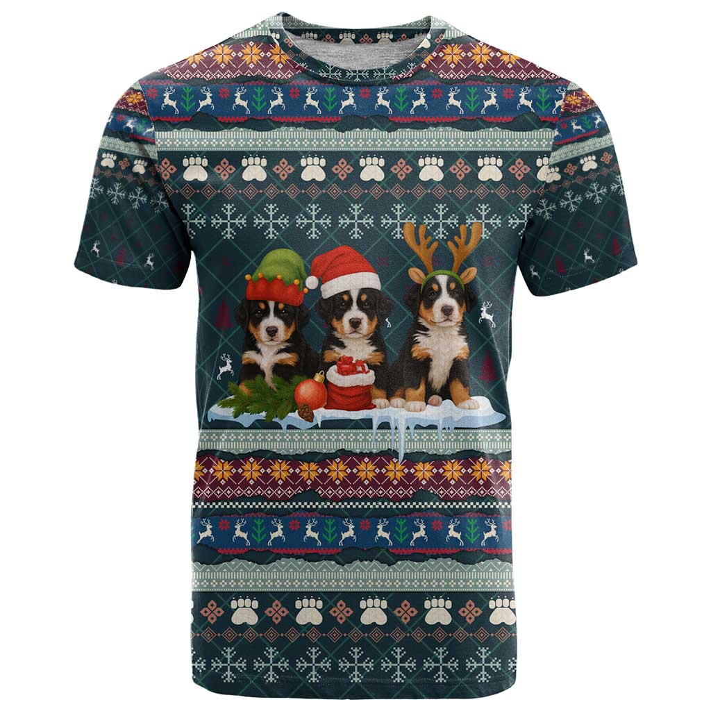 Bernese Mountain Dogs in Holiday Costumes T-Shirt with Green Snowflake Pattern Design Graphic Tee