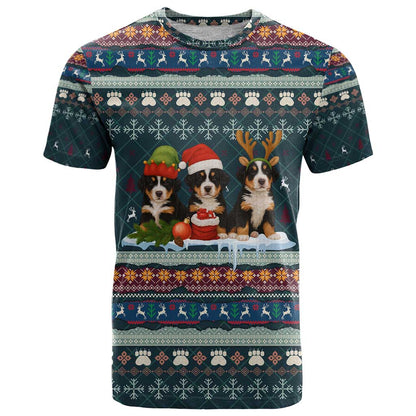 Bernese Mountain Dogs in Holiday Costumes T-Shirt with Green Snowflake Pattern Design Graphic Tee