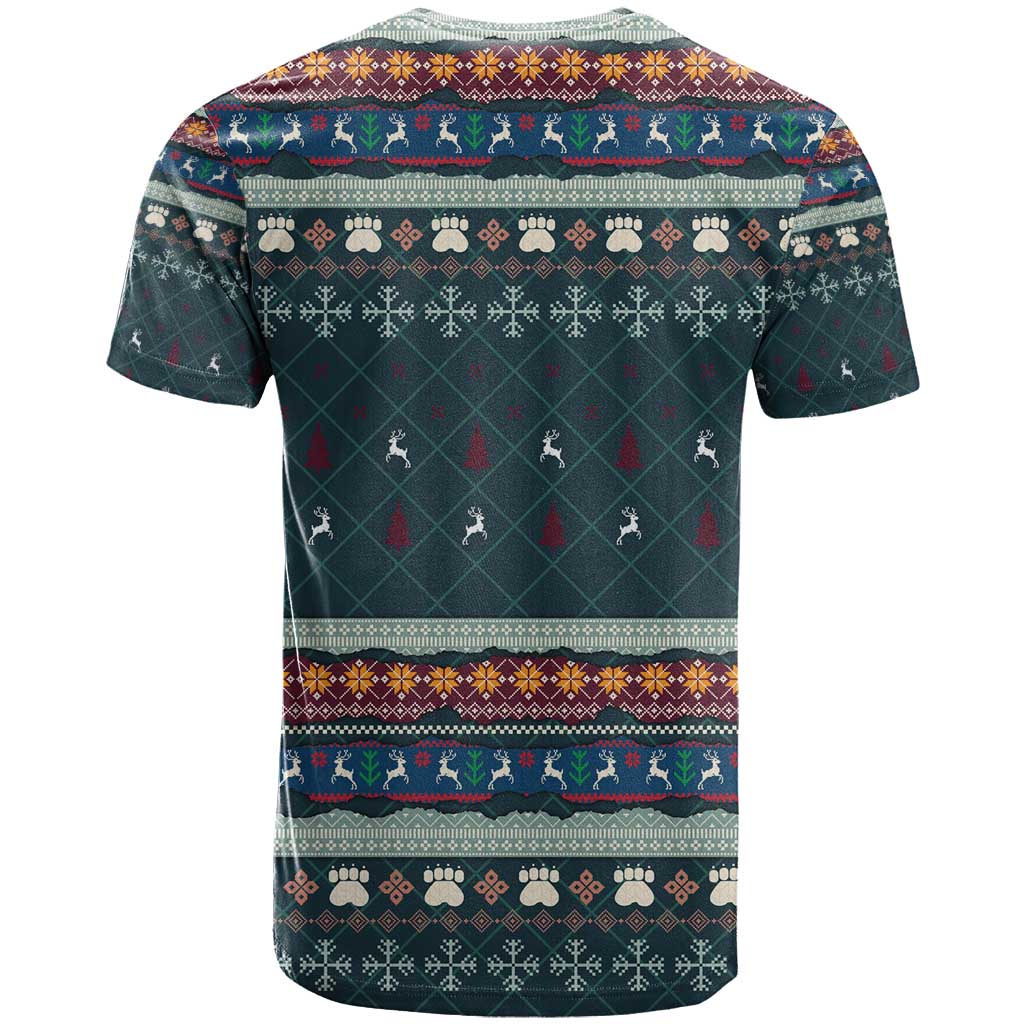 Bernese Mountain Dogs in Holiday Costumes T-Shirt with Green Snowflake Pattern Design Graphic Tee