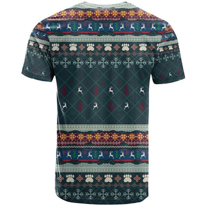 Bernese Mountain Dogs in Holiday Costumes T-Shirt with Green Snowflake Pattern Design Graphic Tee