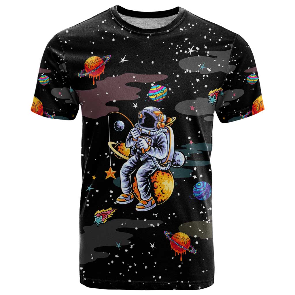 Funny Astronaut Fishing In Space Christmas T-Shirt Xmas Holiday Patterns Graphic Tee