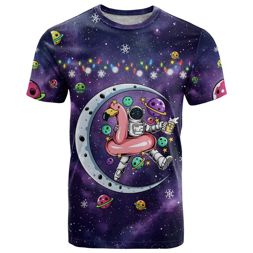 Funny Astronauts Sit On Flamingo Christmas T-Shirt Xmas Holiday Patterns Graphic Tee