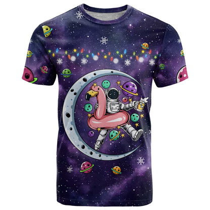 Funny Astronauts Sit On Flamingo Christmas T-Shirt Xmas Holiday Patterns Graphic Tee