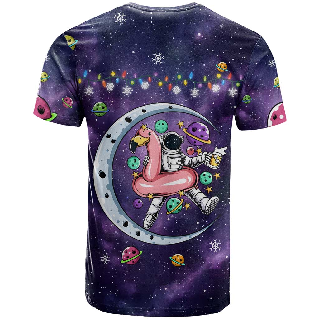 Funny Astronauts Sit On Flamingo Christmas T-Shirt Xmas Holiday Patterns Graphic Tee