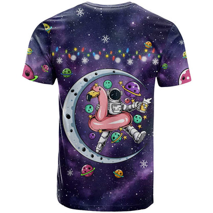 Funny Astronauts Sit On Flamingo Christmas T-Shirt Xmas Holiday Patterns Graphic Tee