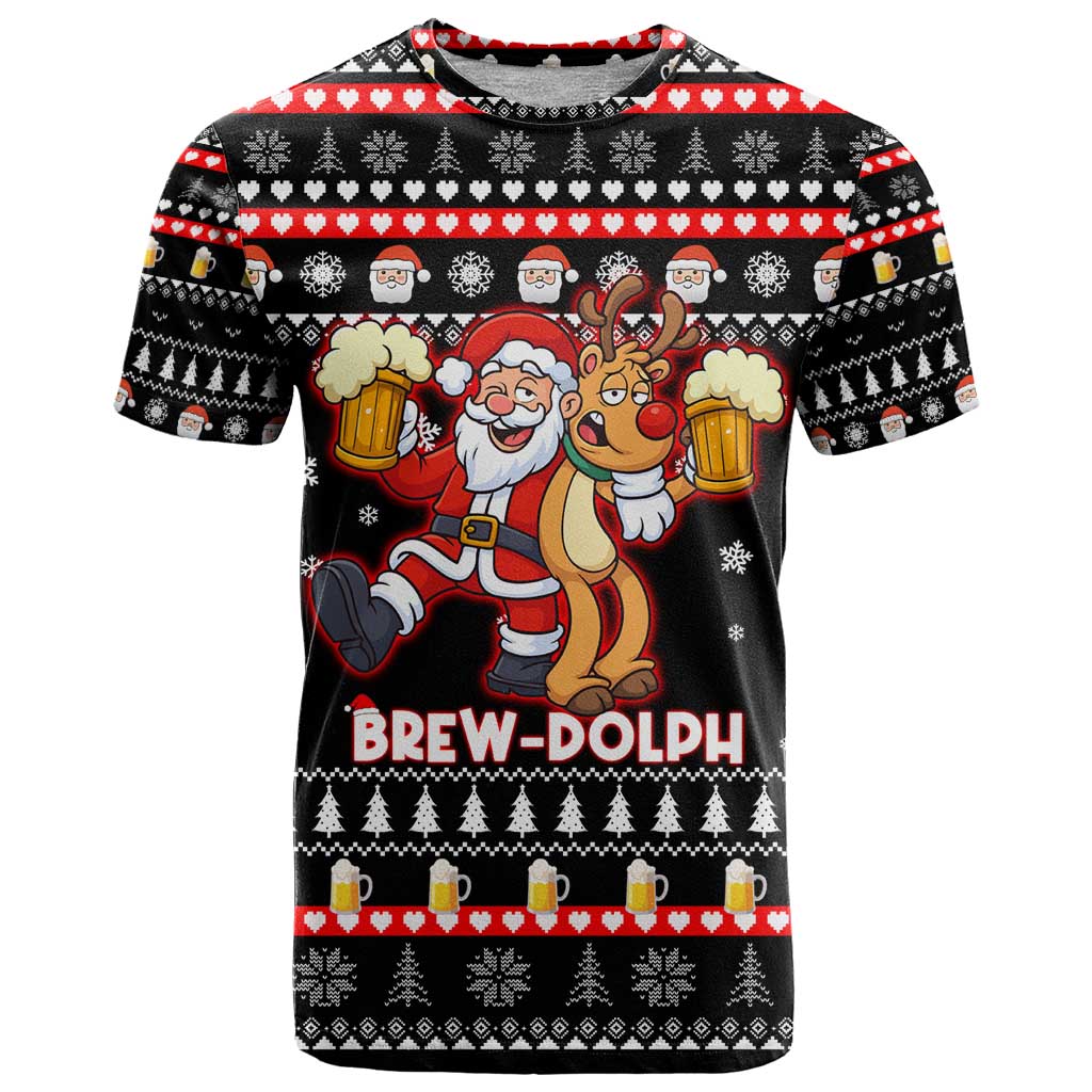 Christmas Brewdolph Reindeer T-Shirt Xmas Holiday Patterns Graphic Tee