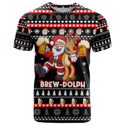 Christmas Brewdolph Reindeer T-Shirt Xmas Holiday Patterns Graphic Tee