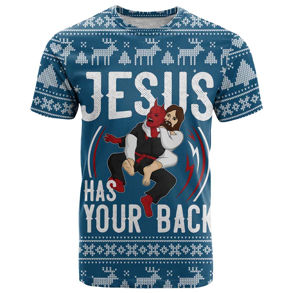Jesus Has Your Back Jiu Jitsu Christmas T-Shirt Funny Xmas Holiday Patterns Graphic Tee