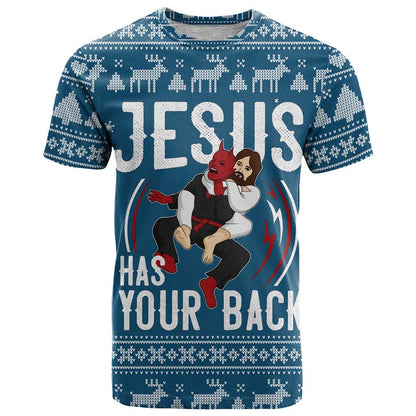 Jesus Has Your Back Jiu Jitsu Christmas T-Shirt Funny Xmas Holiday Patterns Graphic Tee