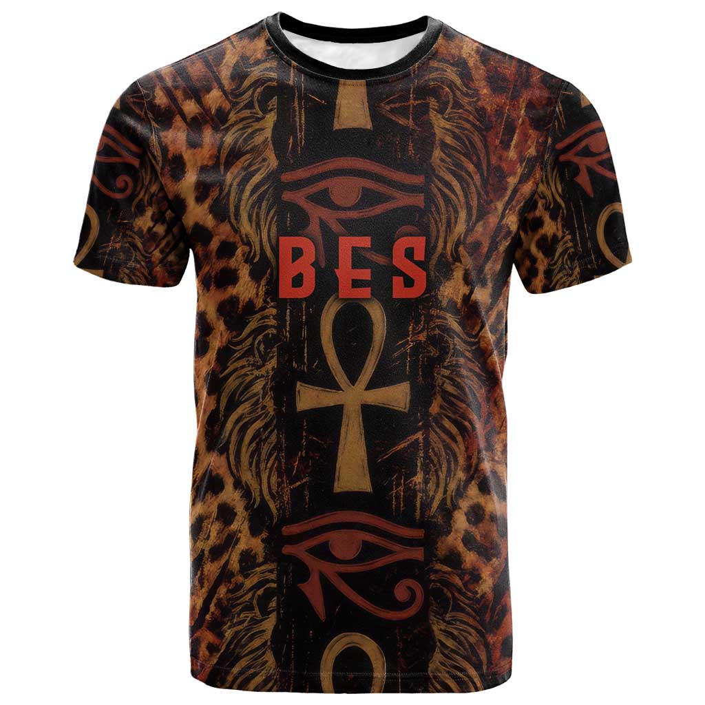 Bes Ancient Egyptian T-Shirt with Leopard Print Ankh and Eye of Horus Egyptian Deity Tribute Graphic Tee