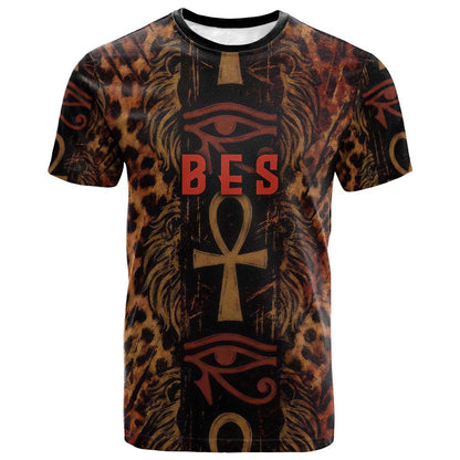 Bes Ancient Egyptian T-Shirt with Leopard Print Ankh and Eye of Horus Egyptian Deity Tribute Graphic Tee