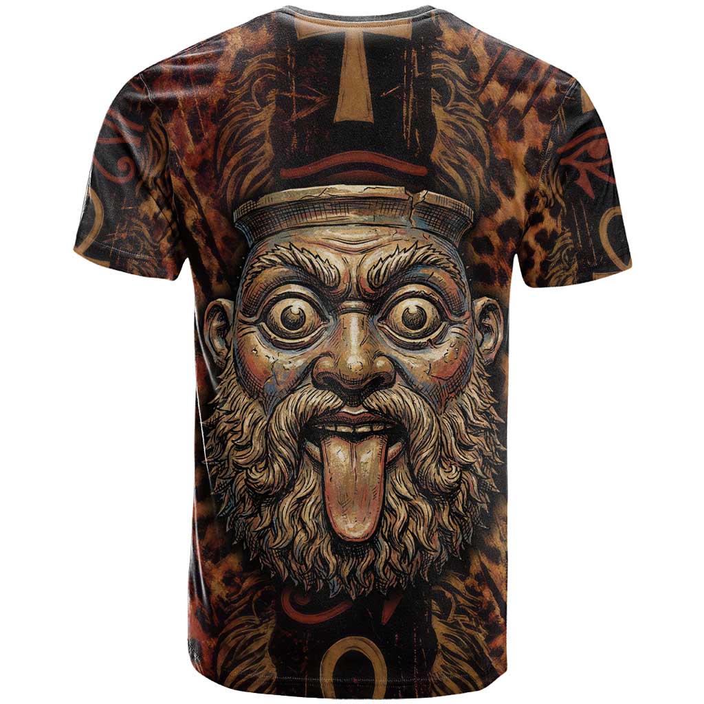 Bes Ancient Egyptian T-Shirt with Leopard Print Ankh and Eye of Horus Egyptian Deity Tribute Graphic Tee