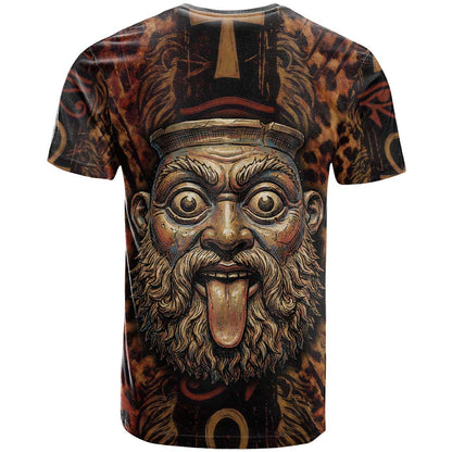 Bes Ancient Egyptian T-Shirt with Leopard Print Ankh and Eye of Horus Egyptian Deity Tribute Graphic Tee