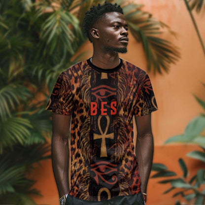Bes Ancient Egyptian T-Shirt with Leopard Print Ankh and Eye of Horus Egyptian Deity Tribute Graphic Tee