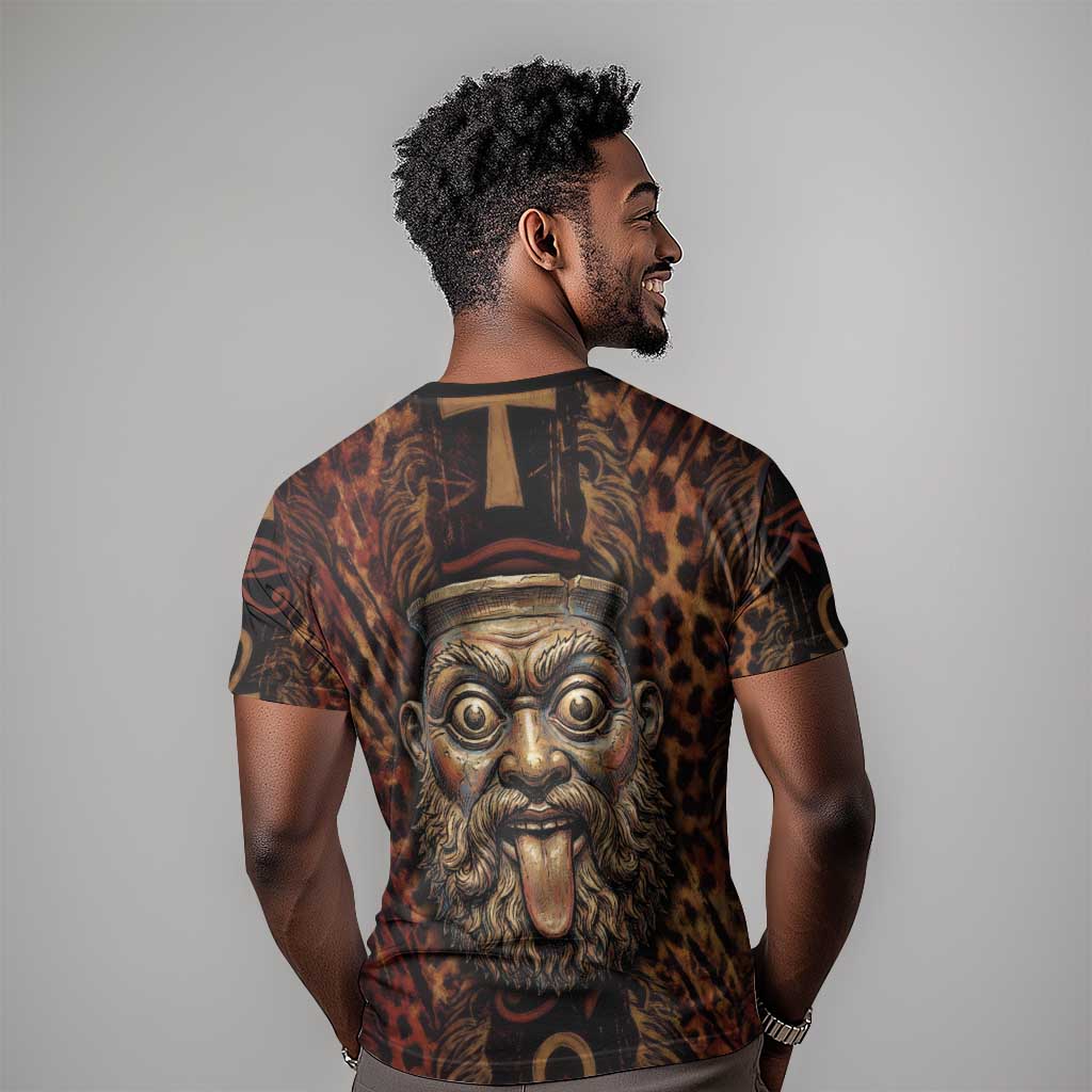 Bes Ancient Egyptian T-Shirt with Leopard Print Ankh and Eye of Horus Egyptian Deity Tribute Graphic Tee