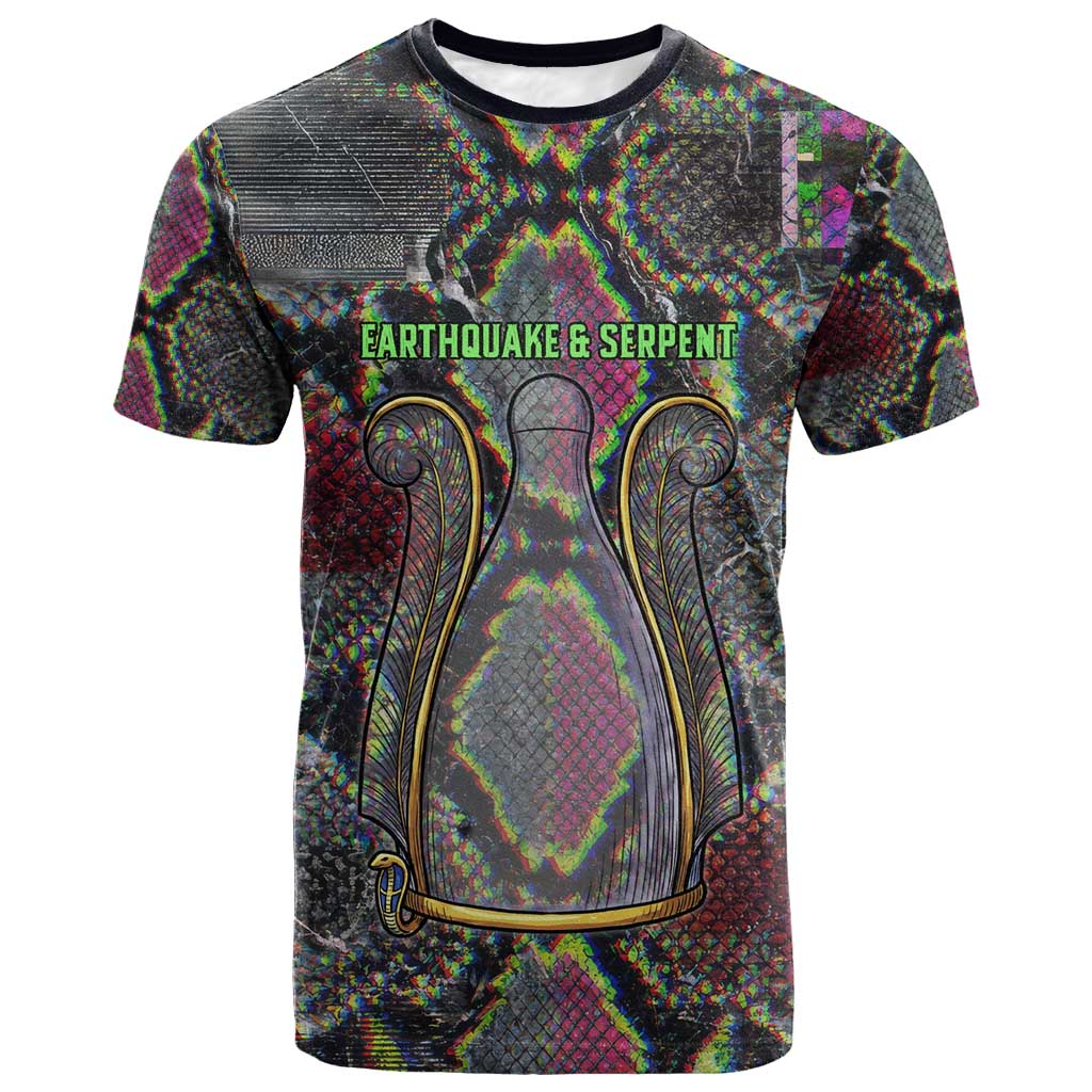 Geb Ancient Egyptian T-Shirt with Serpent Throne and Snake Skin Texture Egyptian Earth God Tribute Graphic Tee