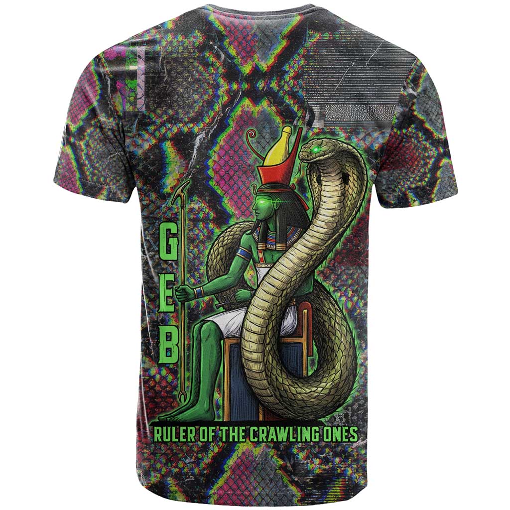 Geb Ancient Egyptian T-Shirt with Serpent Throne and Snake Skin Texture Egyptian Earth God Tribute Graphic Tee
