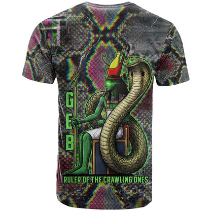 Geb Ancient Egyptian T-Shirt with Serpent Throne and Snake Skin Texture Egyptian Earth God Tribute Graphic Tee