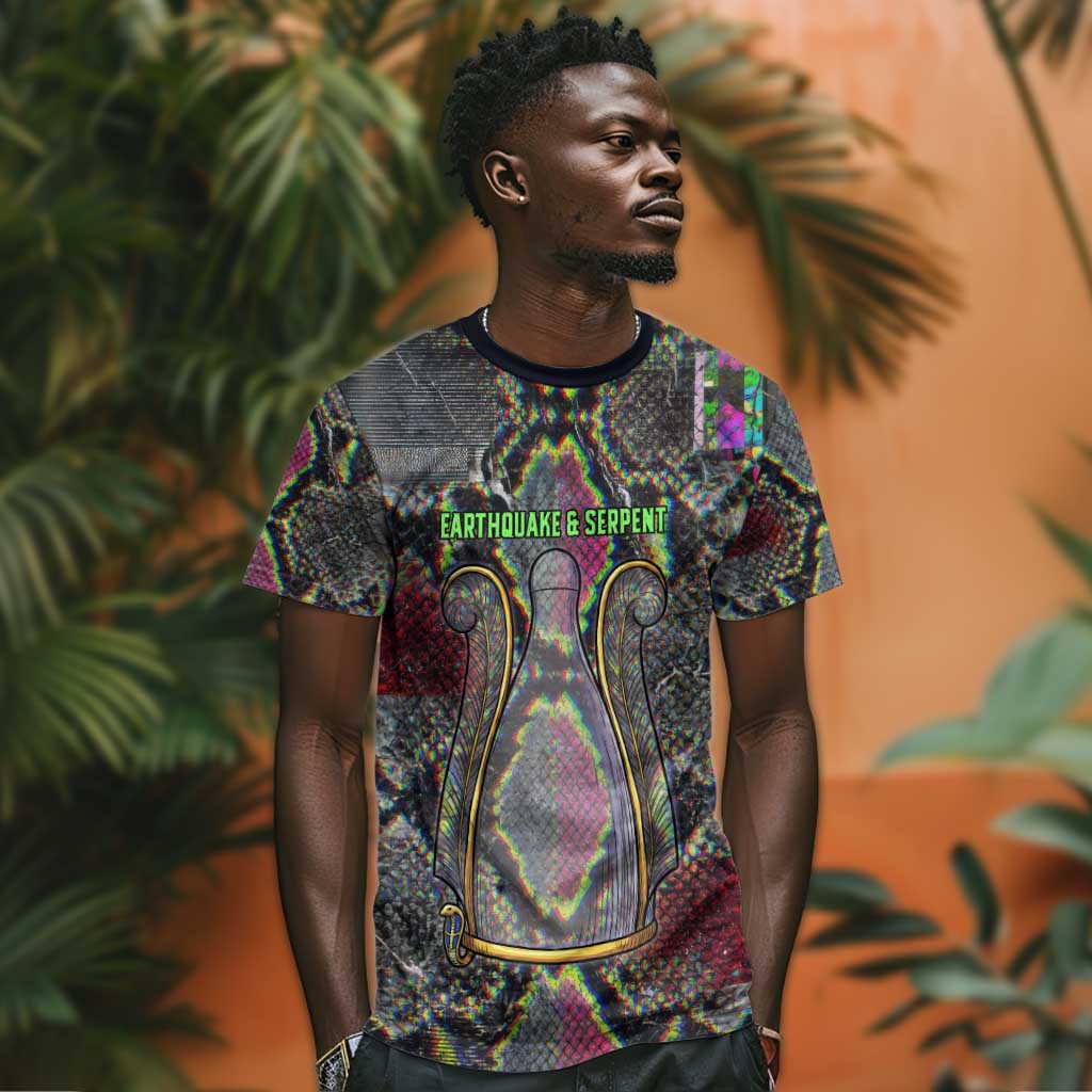 Geb Ancient Egyptian T-Shirt with Serpent Throne and Snake Skin Texture Egyptian Earth God Tribute Graphic Tee