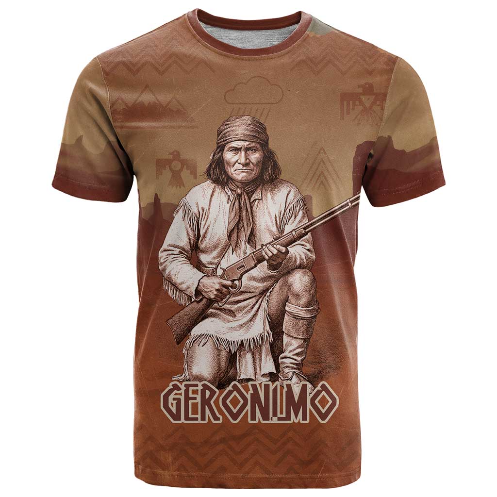 Geronimo Native American T-Shirt Rifle and Desert Landscape Native American Warrior Graphic Tee