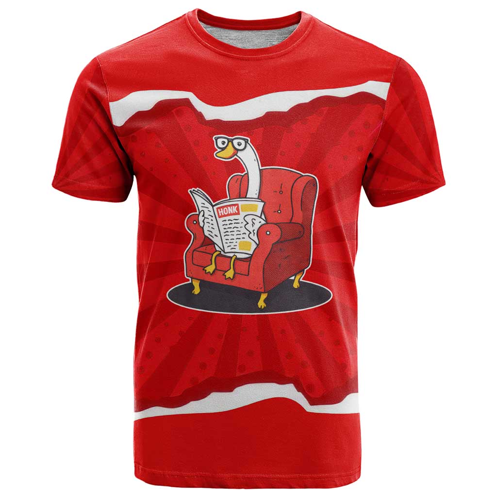 Silly Goose T-Shirt with Newspaper and Armchair Pattern Graphic Tee