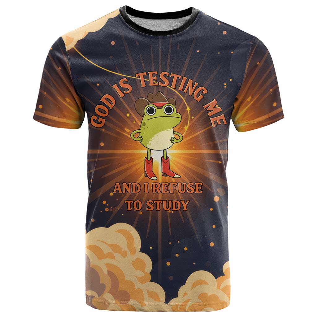 Grumpy Frog T-Shirt with Refuse to Study Quote and Starburst Pattern Graphic Tee