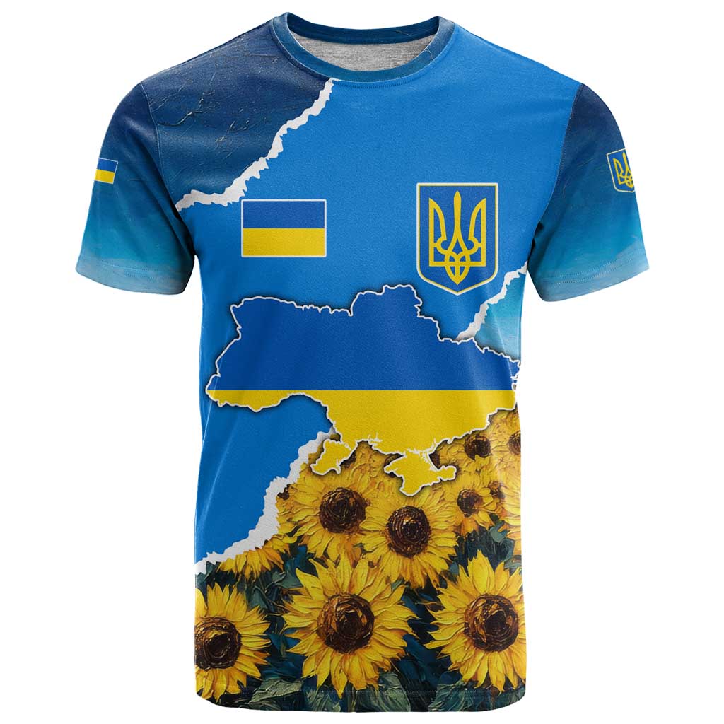 Ukraine Pride T-Shirt Map, Flag & Tryzub with Sunflower Field Patriotic Graphic Tee