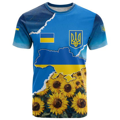 Ukraine Pride T-Shirt Map, Flag & Tryzub with Sunflower Field Patriotic Graphic Tee