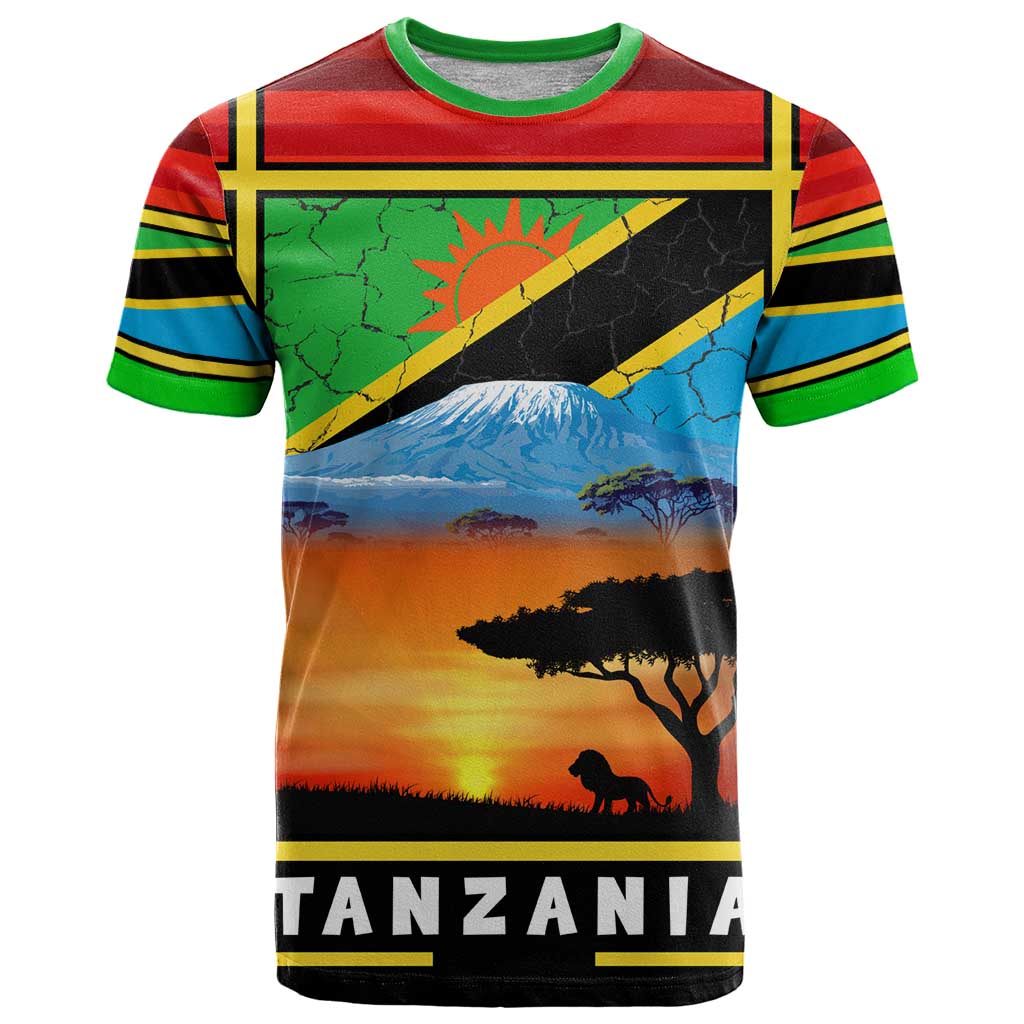 African Sunset Design T-Shirt with Flag Map Mount Kilimanjaro and Wildlife Scene Graphic Tee