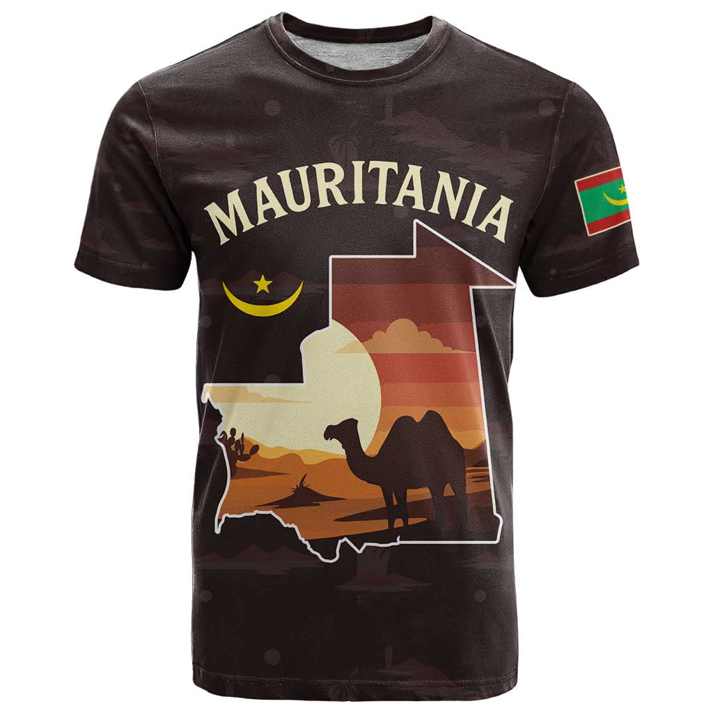 Mauritania T-Shirt with Desert Sunset Camel Silhouette and Flag Accents Graphic Tee