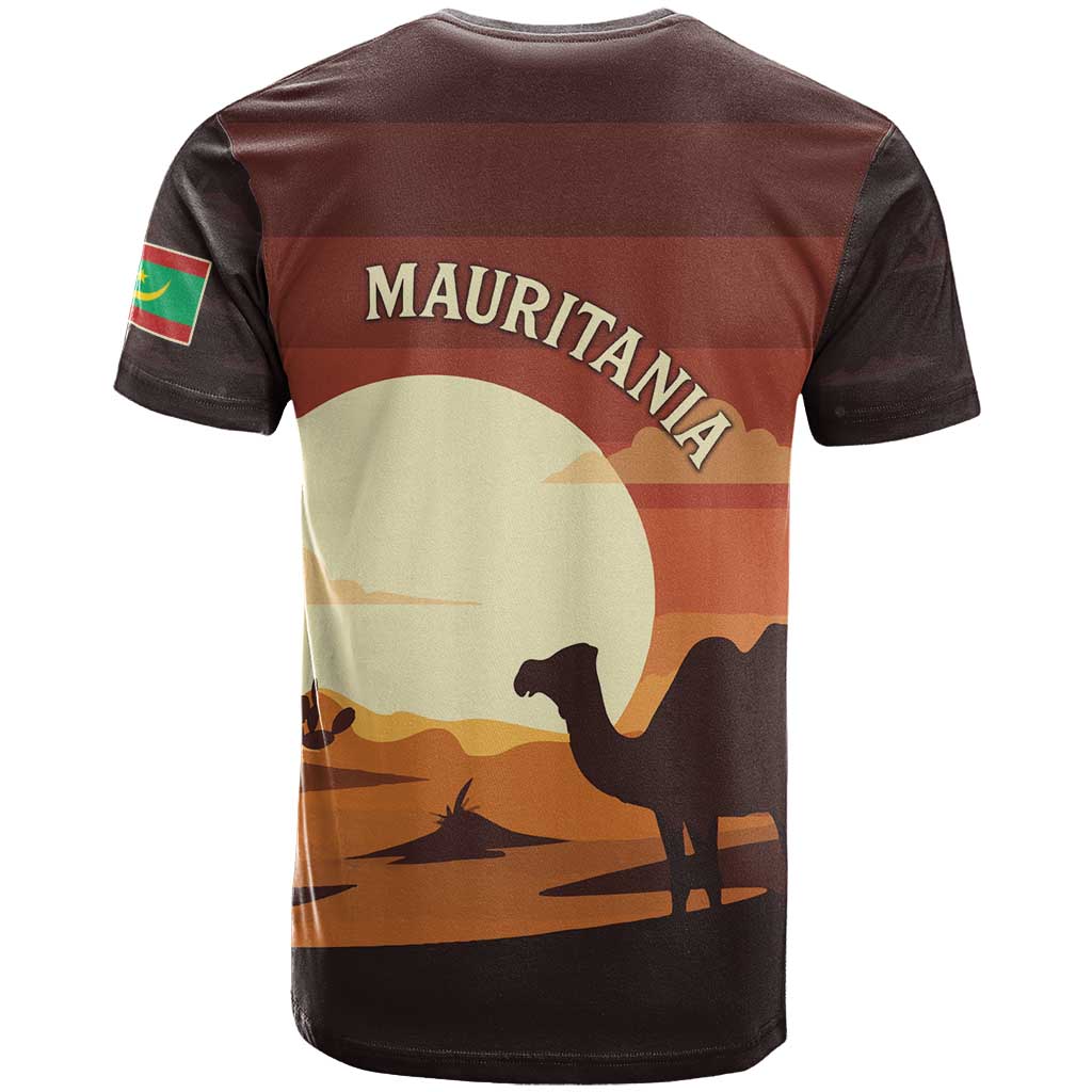 Mauritania T-Shirt with Desert Sunset Camel Silhouette and Flag Accents Graphic Tee