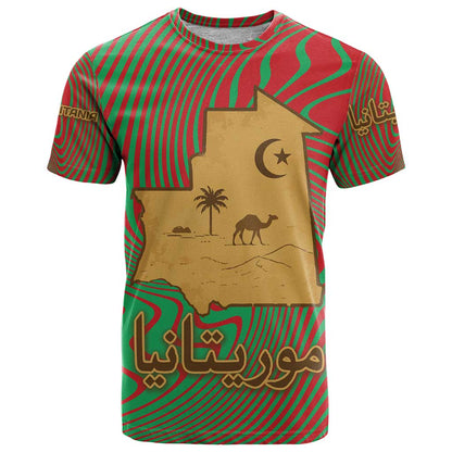 Mauritania T-Shirt with Desert Camel Crescent Moon and Palm Tree Graphic in Red Green Gold Pattern Graphic Tee