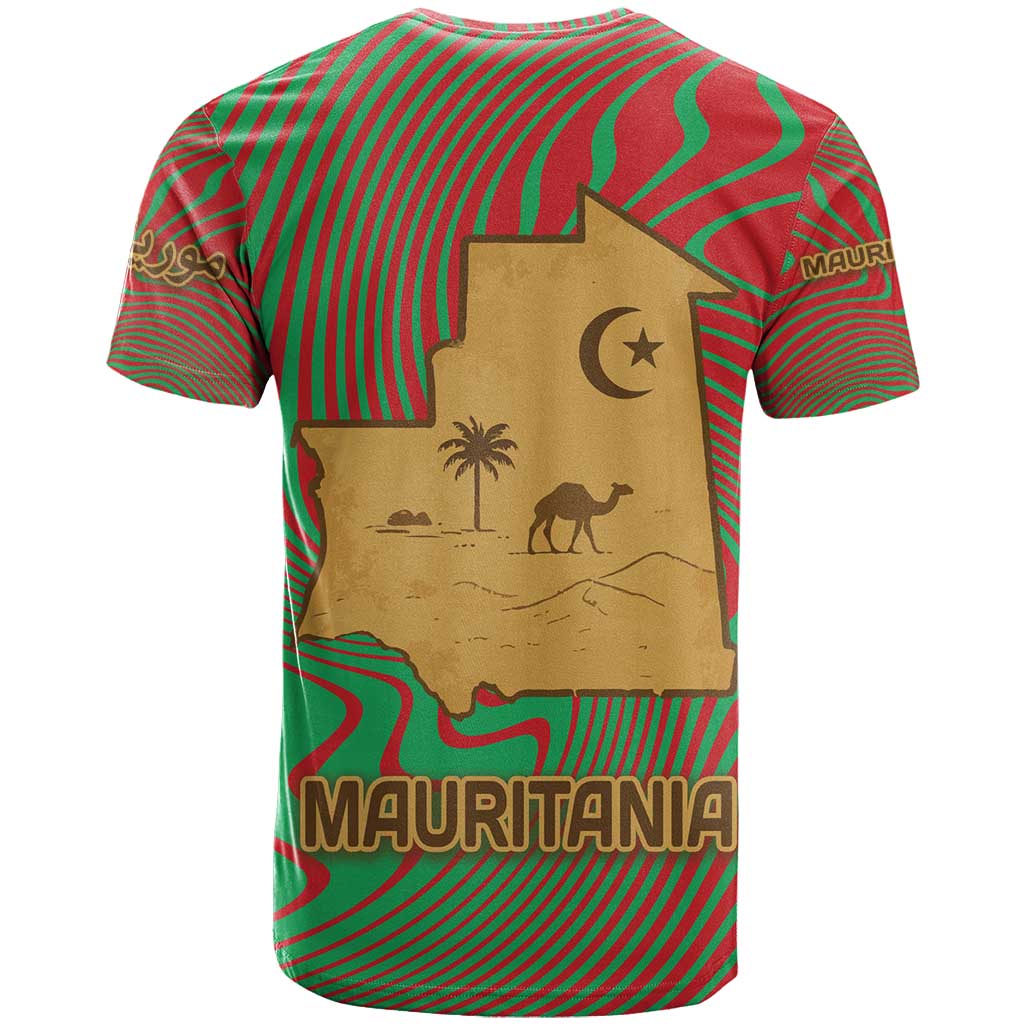 Mauritania T-Shirt with Desert Camel Crescent Moon and Palm Tree Graphic in Red Green Gold Pattern Graphic Tee
