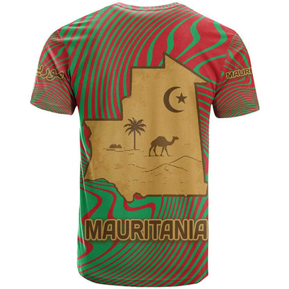 Mauritania T-Shirt with Desert Camel Crescent Moon and Palm Tree Graphic in Red Green Gold Pattern Graphic Tee