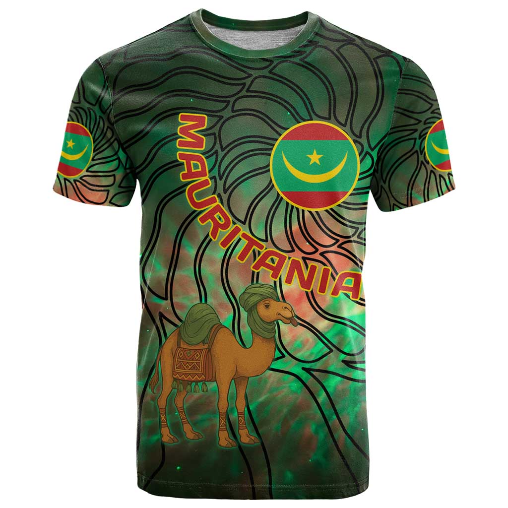 Mauritania T-Shirt with Green Tie Dye Camel and Crescent Moon Flag Design Graphic Tee