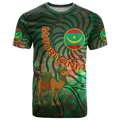 Mauritania T-Shirt with Green Tie Dye Camel and Crescent Moon Flag Design Graphic Tee