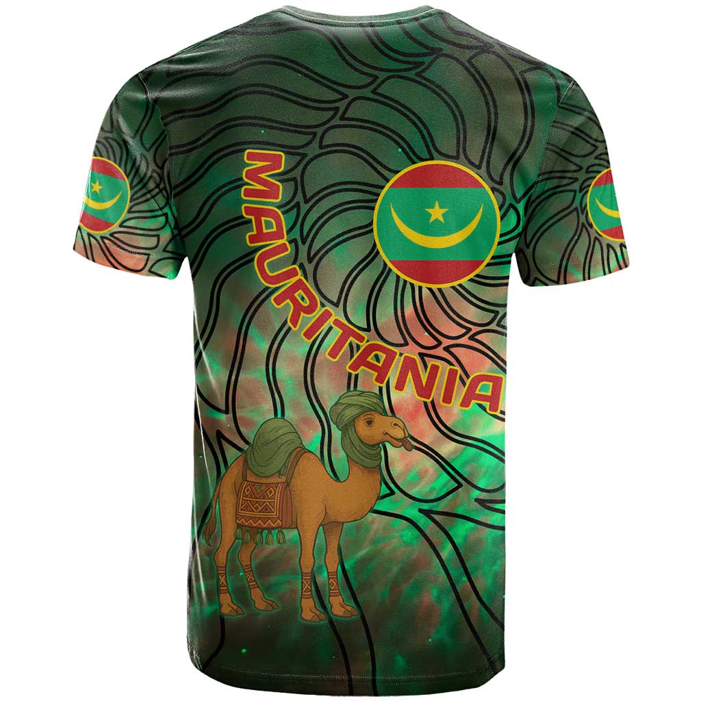 Mauritania T-Shirt with Green Tie Dye Camel and Crescent Moon Flag Design Graphic Tee
