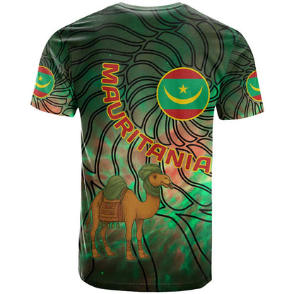 Mauritania T-Shirt with Green Tie Dye Camel and Crescent Moon Flag Design Graphic Tee