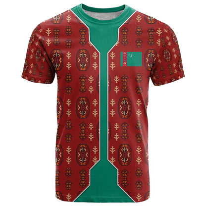 Turkmenistan Traditional Carpet Pattern T-Shirt with National Flag Graphic Tee