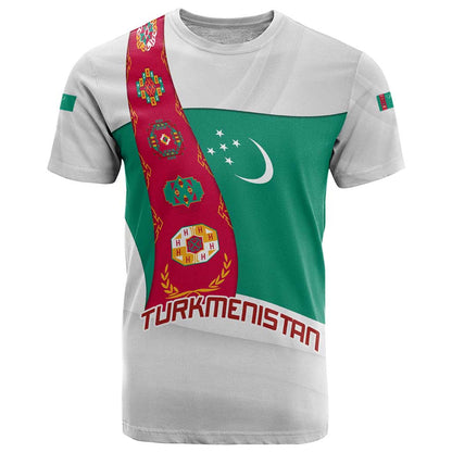 Turkmenistan Flag T-Shirt with National Emblem and Carpet Stripe Design Graphic Tee