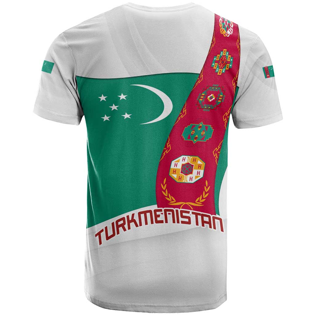 Turkmenistan Flag T-Shirt with National Emblem and Carpet Stripe Design Graphic Tee