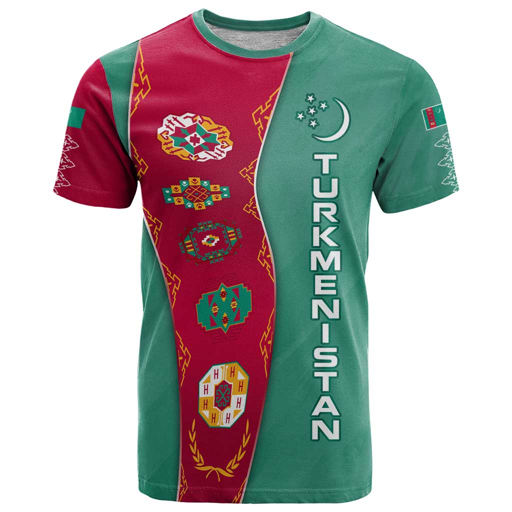 Turkmenistan National Symbols T-Shirt with Crescent Moon, Stars, and Traditional Carpet Pattern Design Graphic Tee
