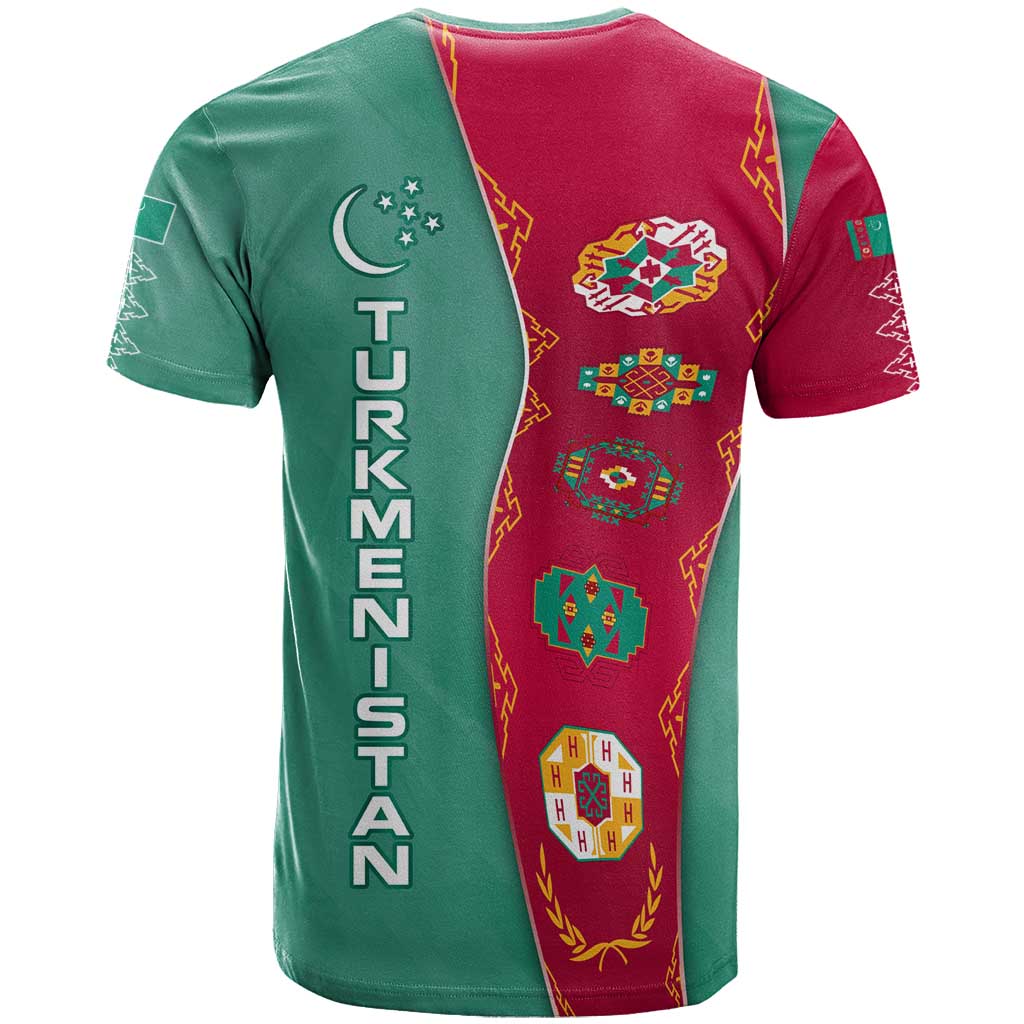 Turkmenistan National Symbols T-Shirt with Crescent Moon, Stars, and Traditional Carpet Pattern Design Graphic Tee