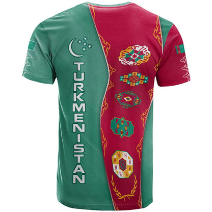 Turkmenistan National Symbols T-Shirt with Crescent Moon, Stars, and Traditional Carpet Pattern Design Graphic Tee