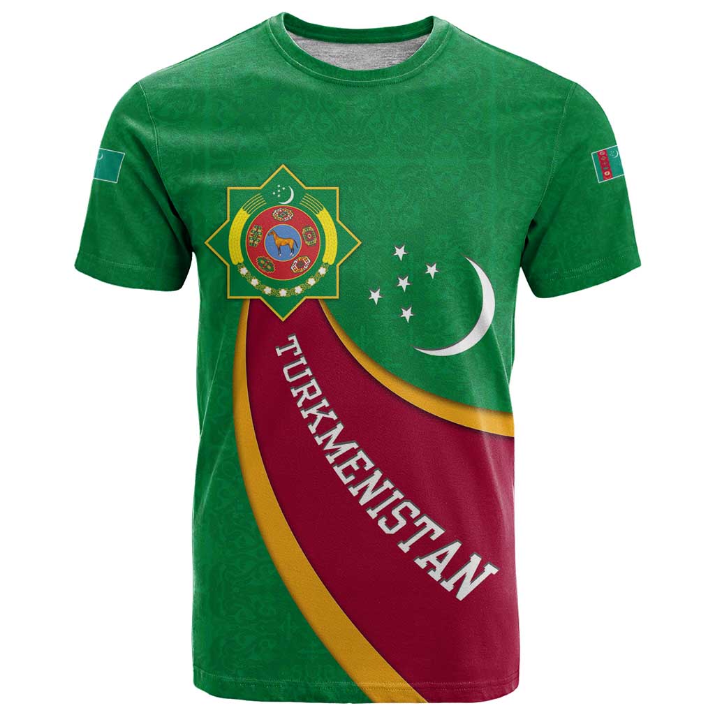 Turkmenistan Green T-Shirt with Crescent Moon and State Emblem Design Graphic Tee