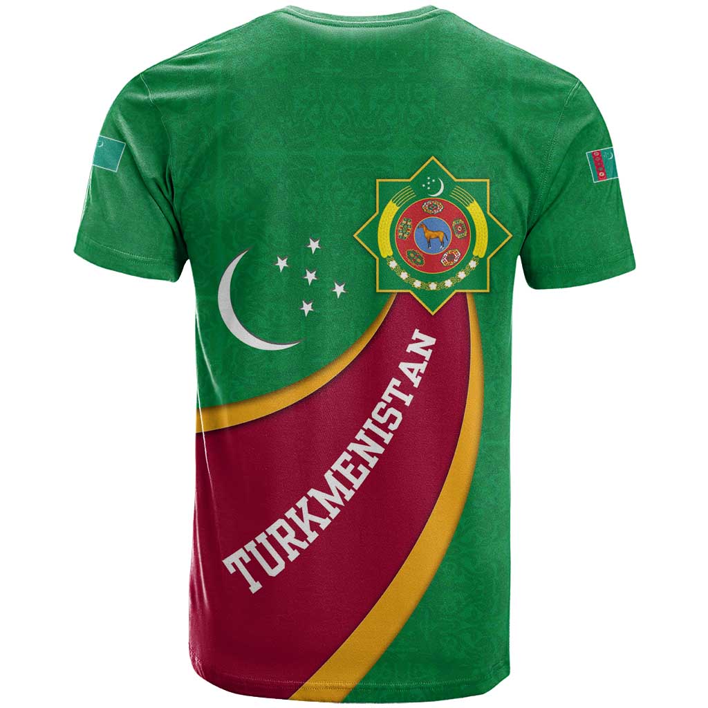 Turkmenistan Green T-Shirt with Crescent Moon and State Emblem Design Graphic Tee