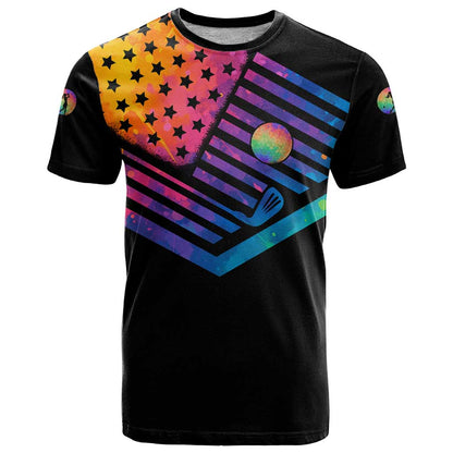 Colorful Golf T-Shirt Watercolor American Flag Female Golfer Silhouette in Rainbow Gradient Graphic Tee